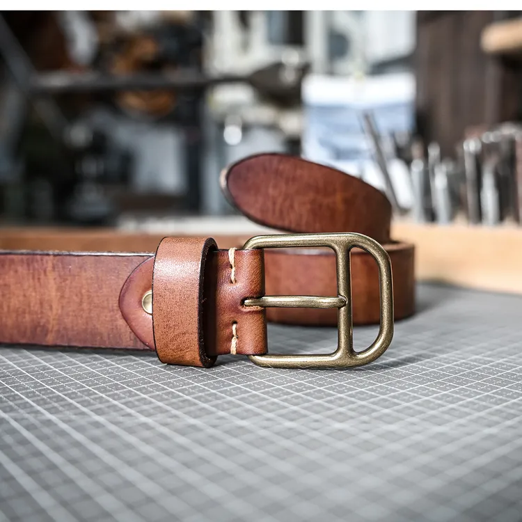 简约黄铜针扣皮带美式复古做旧头层牛皮男士牛皮腰带手工制作款式