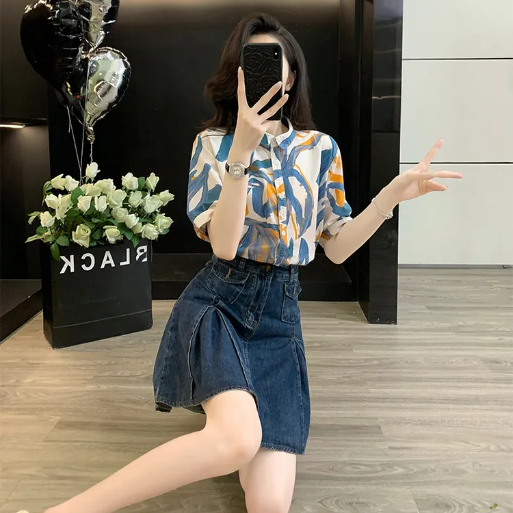 夏季新款时尚套装女洋气减龄短袖印花衬衫高腰显瘦牛仔短裙两件套