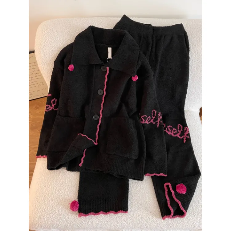 韩系可爱甜美少女针织字母半边绒开衫睡衣女简约风冬季舒适家居服