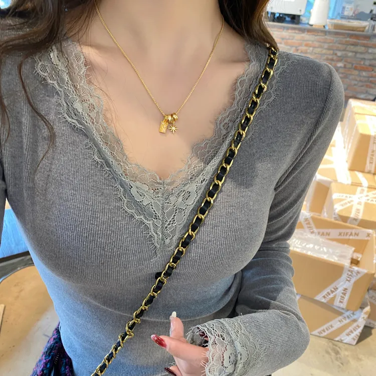 灰色V领加绒蕾丝花边打底衫女内搭2025年秋冬季新款修身小众上衣