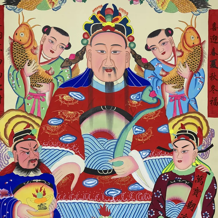 手绘绢布材质中号财神爷画像，财神竹子