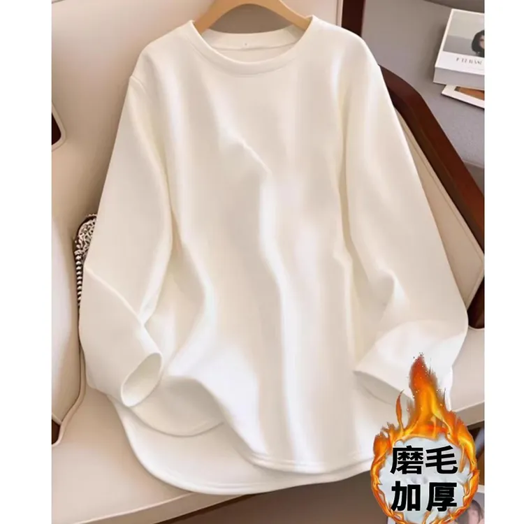 秋冬新款不规则加厚磨毛T恤女宽松显瘦遮屁股中长款保暖内搭上衣