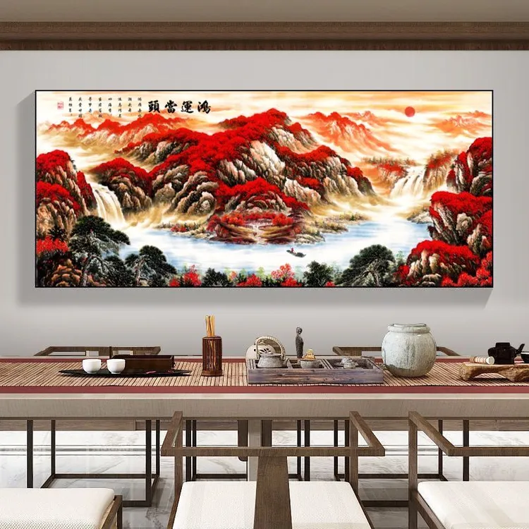 鸿运当头新中式横幅装饰画客厅办公室沙发挂画高级感茶室挂画轻奢