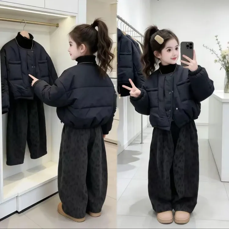女童秋冬新款儿童冬季韩范棉服外套加绒豹纹裤时尚百搭两件套潮