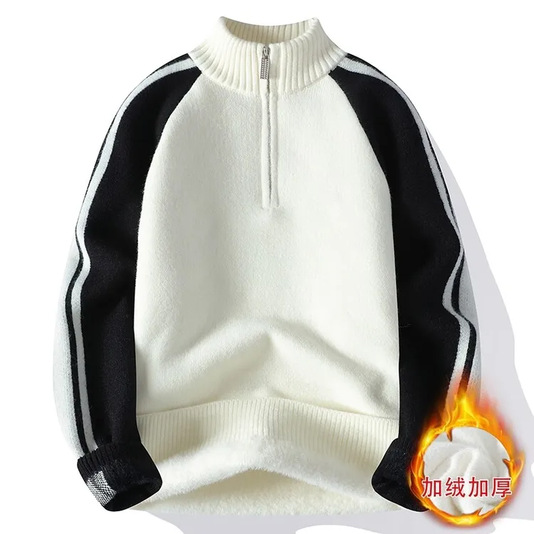 男士毛衣加绒加厚青少年大童保暖打底衫冬季学生半拉链休闲针织衫