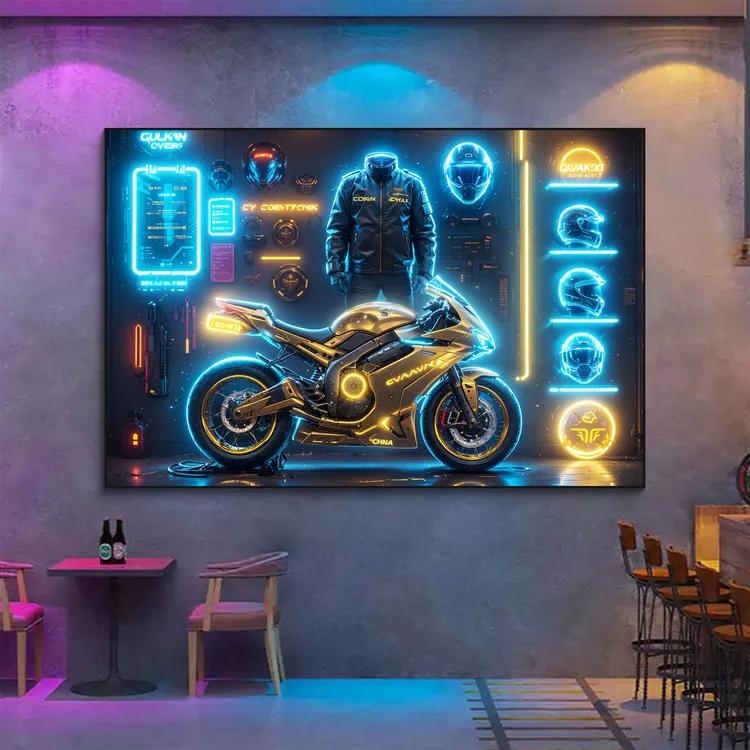 电竞酒店房氛围灯潮流网咖网吧游戏厅电玩店装饰画机车骑士发光画