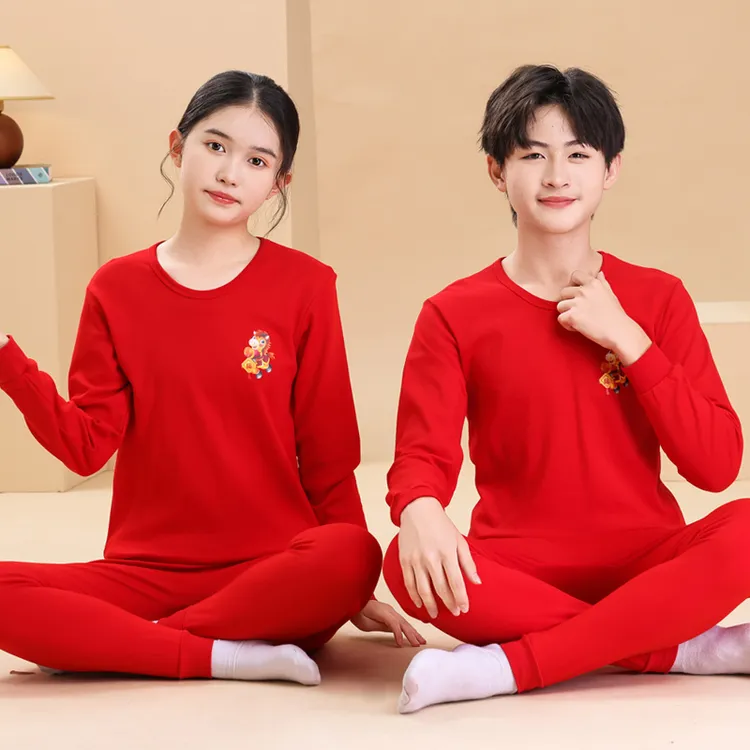 儿童本命年秋衣秋裤套装新年大红色青少年纯棉A类内衣男女秋衣