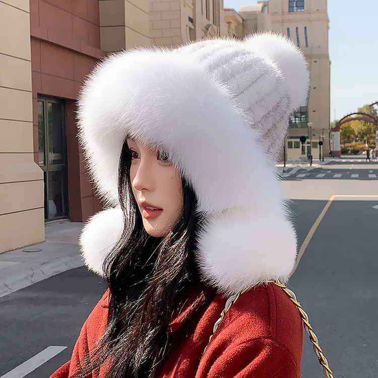【新水貂公主帽】狐狸毛圈三球水貂帽冬季帽子时尚加厚护耳狐狸毛球