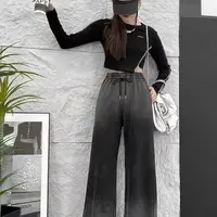 【新款】单裤子服装时尚百搭气质休闲显瘦宽松女装7454[BLK]Q