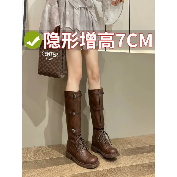 miu家内增高美拉德西部牛仔靴春秋真皮复古骑士靴女靴高跟长筒靴