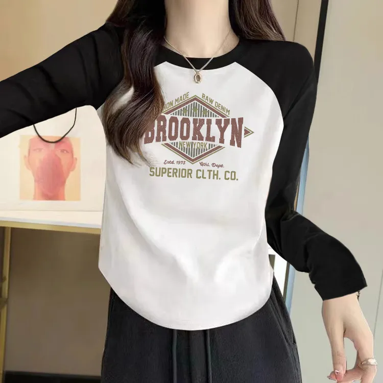 大码胖mm撞色印花长袖印花T恤女士早秋新款ins潮韩版修身显瘦上衣