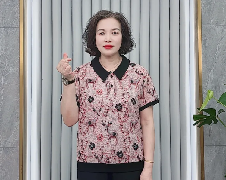 【福禄双全】夏季薄款翻领小鹿减龄宽松显瘦透气中老年短袖上衣