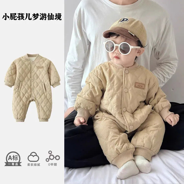 婴儿衣服冬装保暖男宝宝夹棉连体衣秋冬季婴幼儿满月冬天外出棉服
