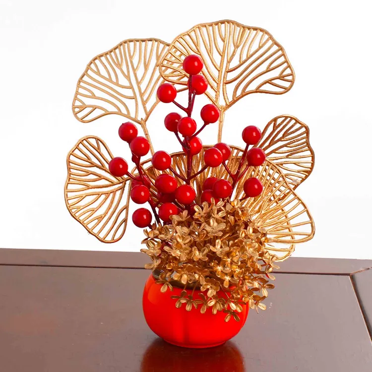 春节装饰卧室金色高档时尚玄关中式年宵花福桶摆件新年礼物送礼