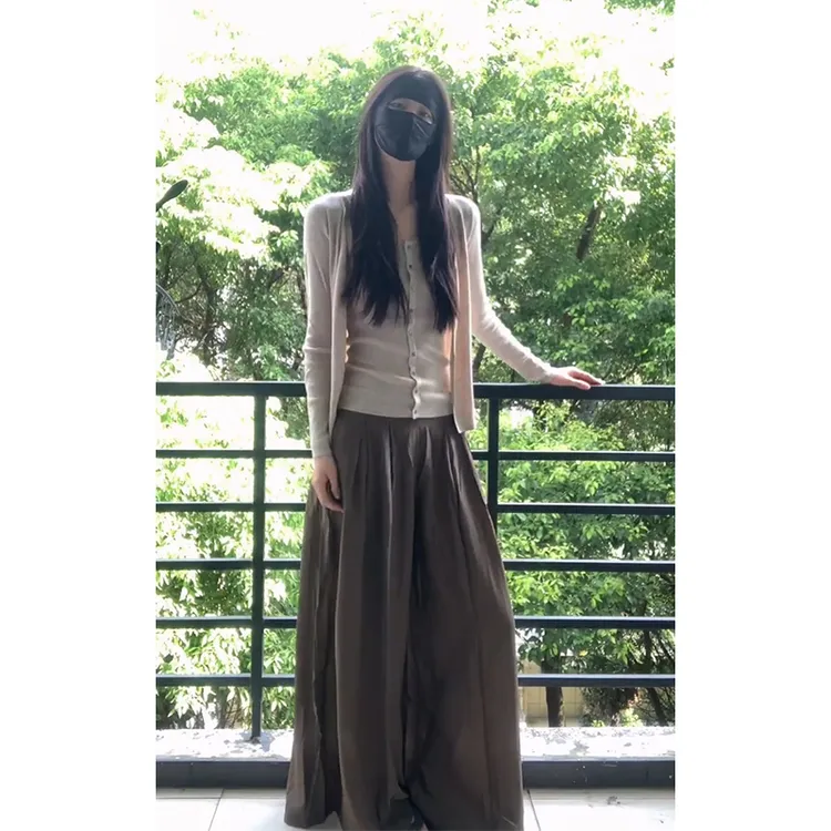 2025早秋新款法式气质长袖针织开衫修身背心上衣高腰显瘦阔腿长裤