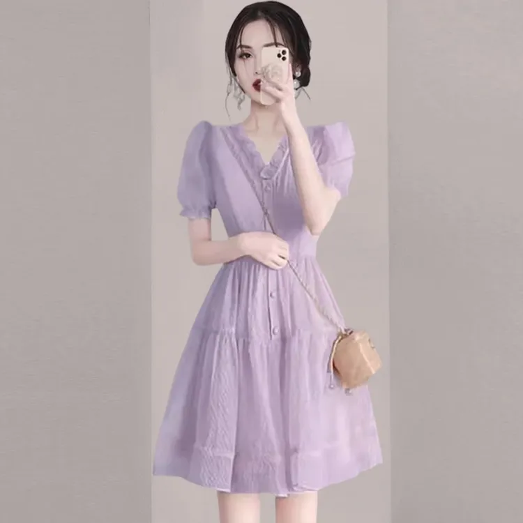 小个子法式高级感短袖连衣裙夏季小众设计质感泡泡袖雪纺仙女裙子