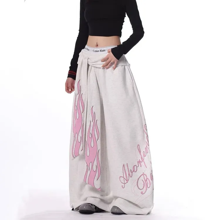 美式秋季重磅复古爵士舞裤子辣妹火焰印花绑带弯刀宽松阔腿长裤女