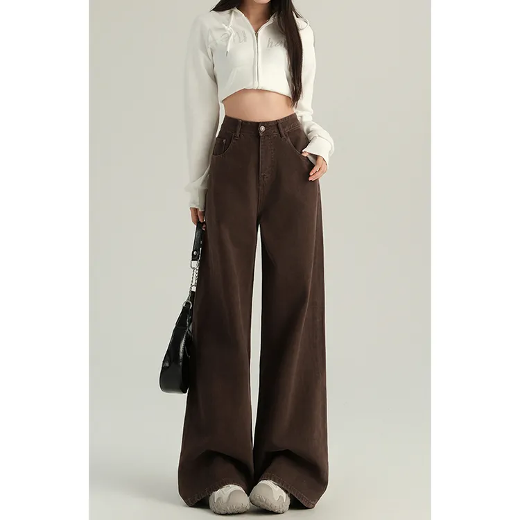 美拉德咖色阔腿牛仔裤女秋季新款高腰宽松显瘦垂感休闲直筒长裤子