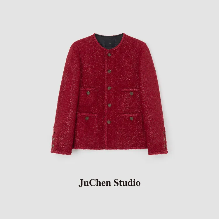 “视觉盛宴”高定幸运红精致细闪手工编织经典箱型香风外套FW093104