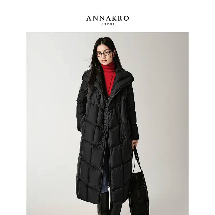 玖姿安娜蔻三防发热翻领长款鹅绒羽绒服女2025冬季新款KWFD03112