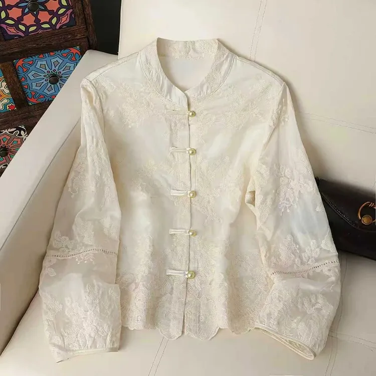 新中式国风蕾丝双层衬衫女秋季立领提花重工刺绣复古盘扣长袖上衣