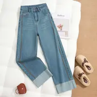 水云蓝高腰弹力牛仔裤女春季新款大码女款宽松显瘦卷边直筒裤子