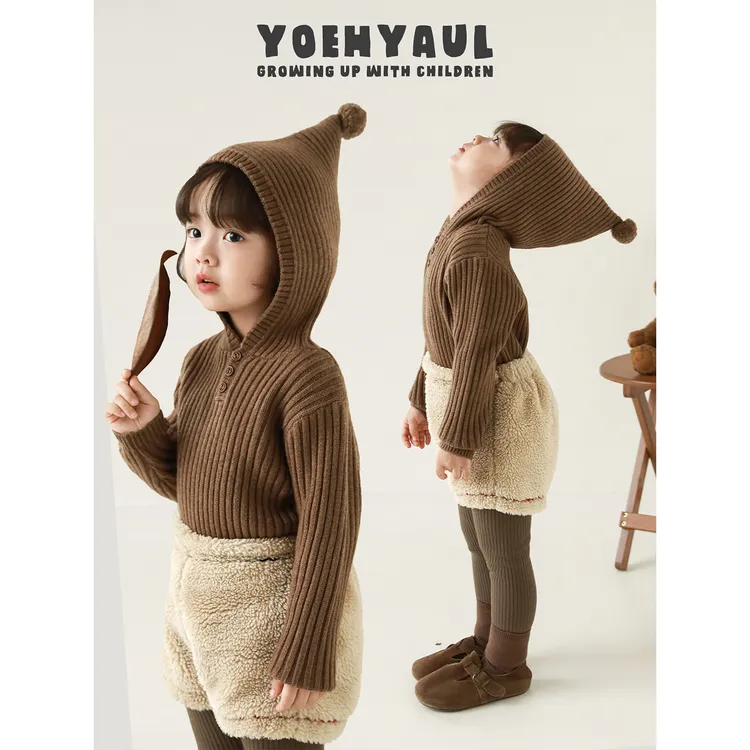 YOEHYAUL/幼悠童装冬壹波 小精灵纤绒纱毛球连帽毛衣汉服 N6962