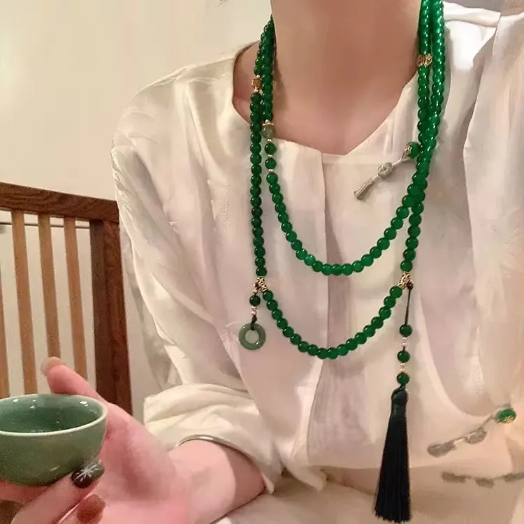 铜合金项链 108颗碧绿珠珠新中式长款项链汉服搭配项链女款轻奢