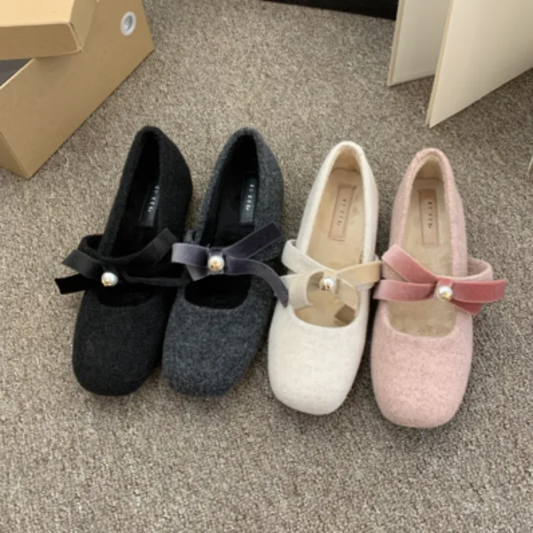 内增高4CM~玛丽珍毛毛鞋女冬外穿新款灰色呢子单鞋女厚底加绒棉鞋