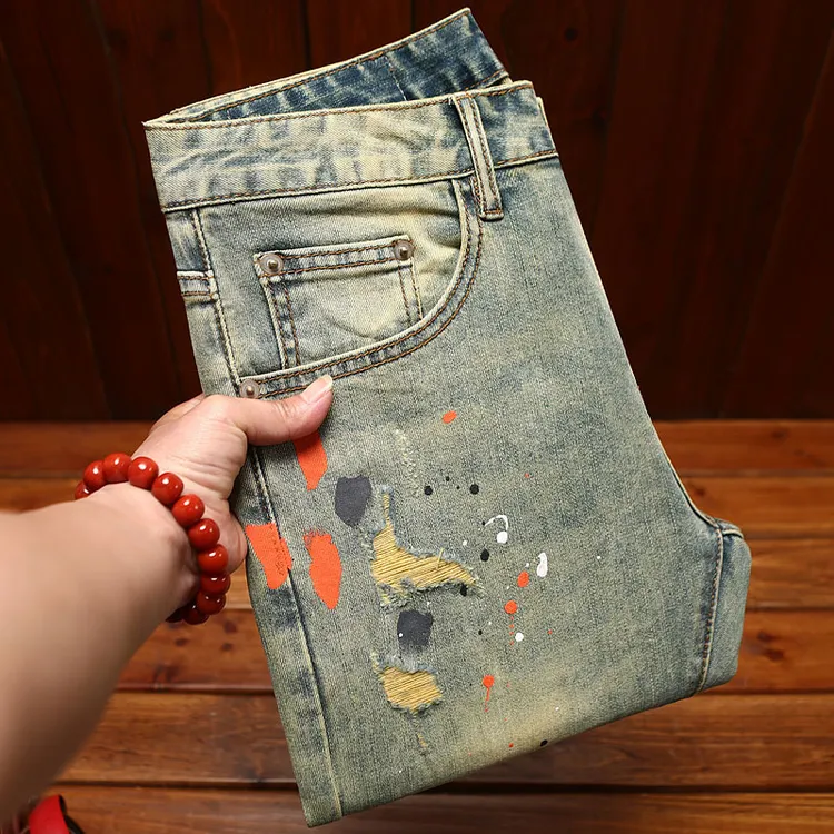 欧货高端潮牌牛仔裤男修身小脚夏季薄款九分浅蓝色弹力休闲长裤子