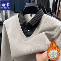 培蒙【真雪尼】男士假两件打底针织衫翻领加绒加厚休闲冬季保暖毛衣