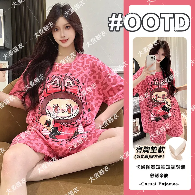 【100%棉短袖短裤带胸垫】2025新款夏季睡衣女卡通网红家居服套装
