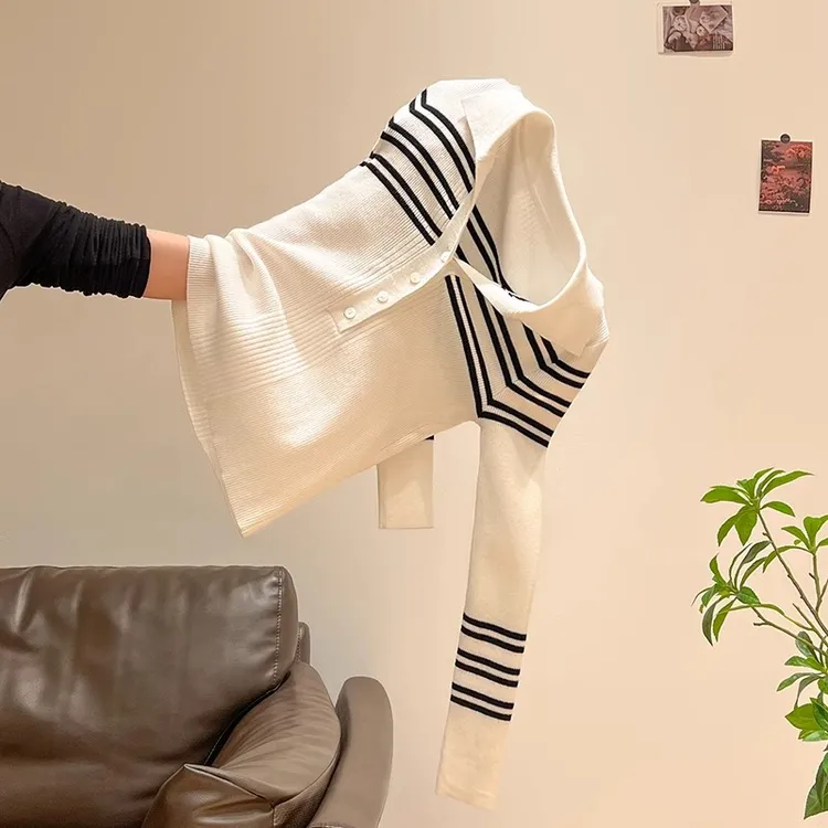 半开领撞色条纹长袖针织打底衫女内搭2025春季新款高级感气质上衣