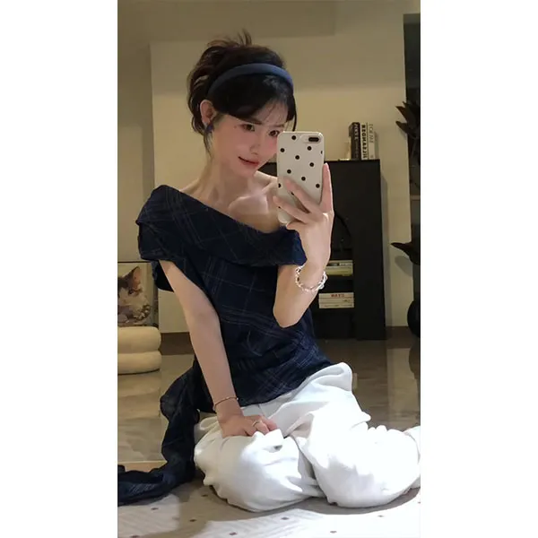 2025超火夏装独特超好看上衣洋气斜肩领深蓝色短袖衬衫+裤子套装