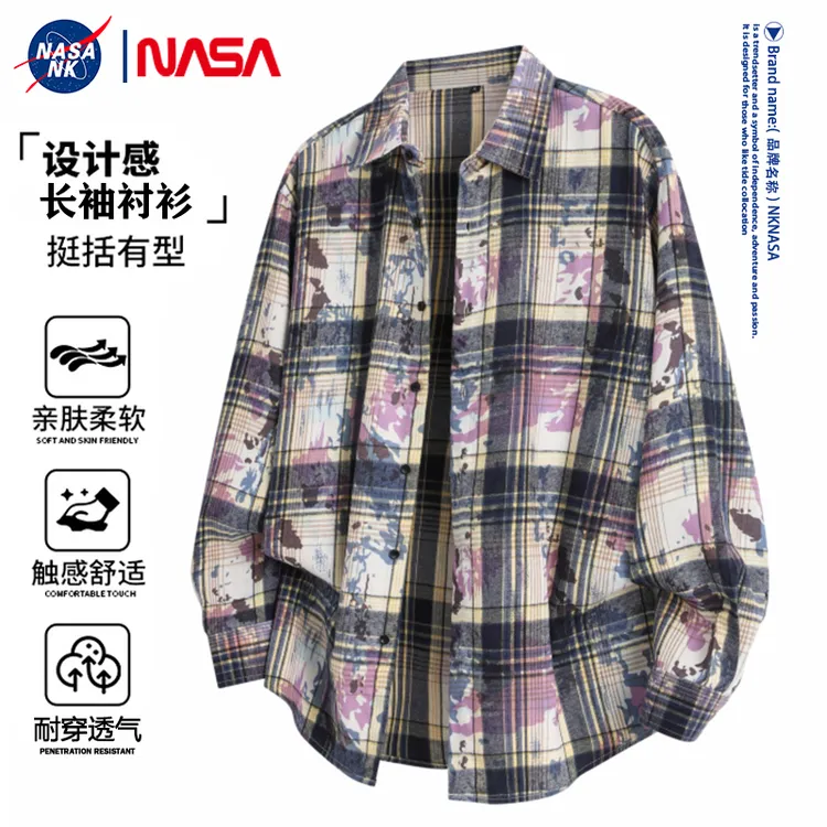 NASA联名情侣休闲长袖衬衫男女同款潮流格纹拼接寸衫秋季宽松外套