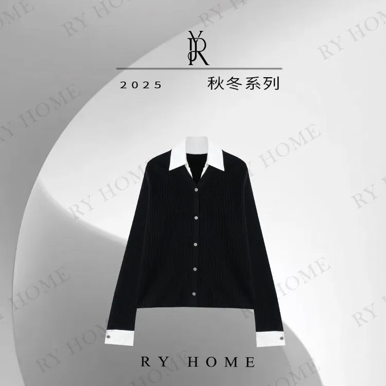 【容雨RYHOME】100%绵羊毛假两件翻领拼色针织开衫253M3293