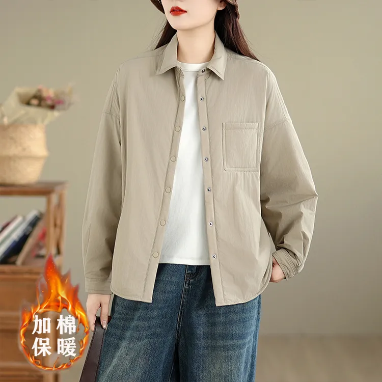 2025秋冬时尚百搭简约设计感加厚保暖复古卡其色长袖夹棉衬衣外套