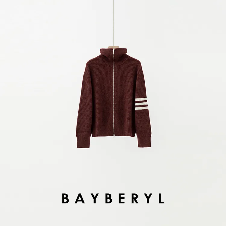 CC09-BAYBERY老贝预科生*袖拼色学院羊绒立领秋针织开衫ZZS5F2402