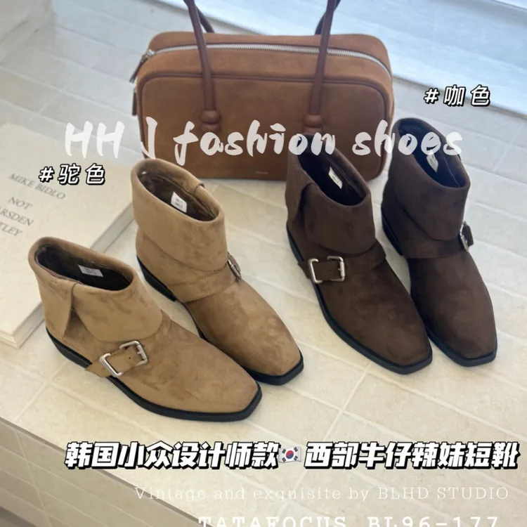 牛皮版~皮带扣女百搭粗跟马丁靴2025年新款韩版小众设计圆头短靴