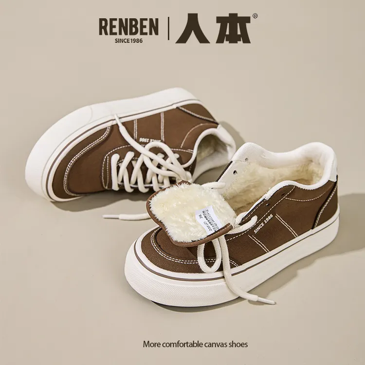 人本2025冬季新款加绒加厚棉鞋圆头复古中高帮休闲鞋韩版百搭女鞋