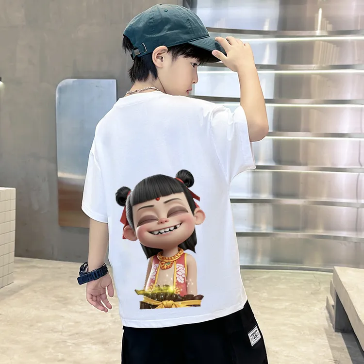 2025新款哪吒魔童纯棉男童短袖T恤炸街舞洋气宽松中大儿童打底衫