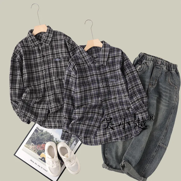 吴小越w1435男童短袖格纹衬衣同学痞帅男孩夏装新款衬衣韩版版型