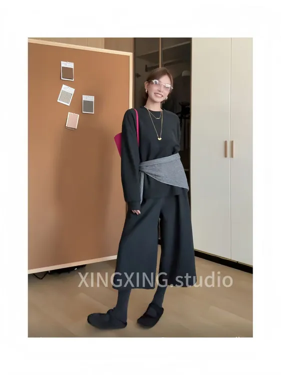 X.x.时尚休闲披肩穿搭套装女秋季新款上衣阔腿裤三件套1566