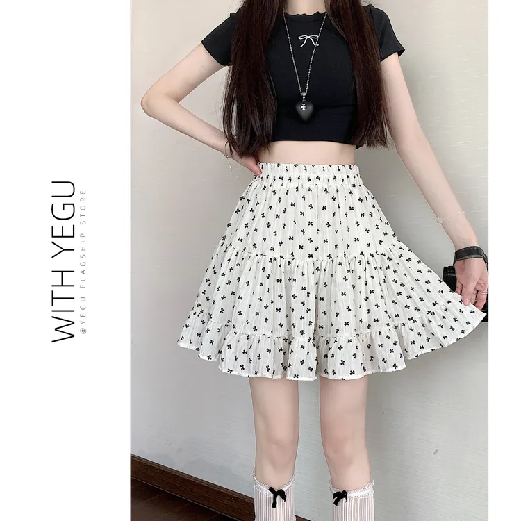 白色蛋糕短裙女夏季新款蝴蝶结印花高腰雪纺半身裙小个子蓬蓬裙子