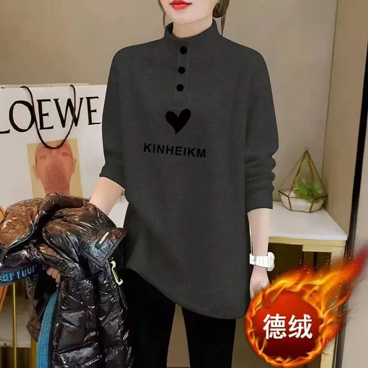 德绒半高领POLO领保暖打底衫秋冬季新款中长款简约印花款女士t恤