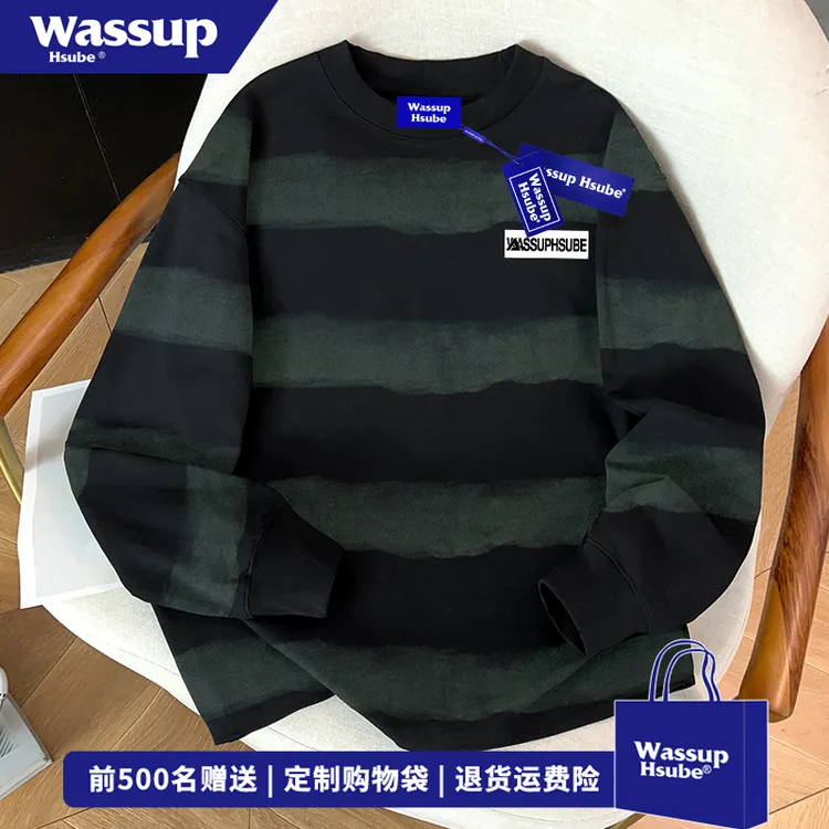 WASSUP HSUBE秋季扎染条纹长袖T恤男女美式字母印花宽松纯棉上衣