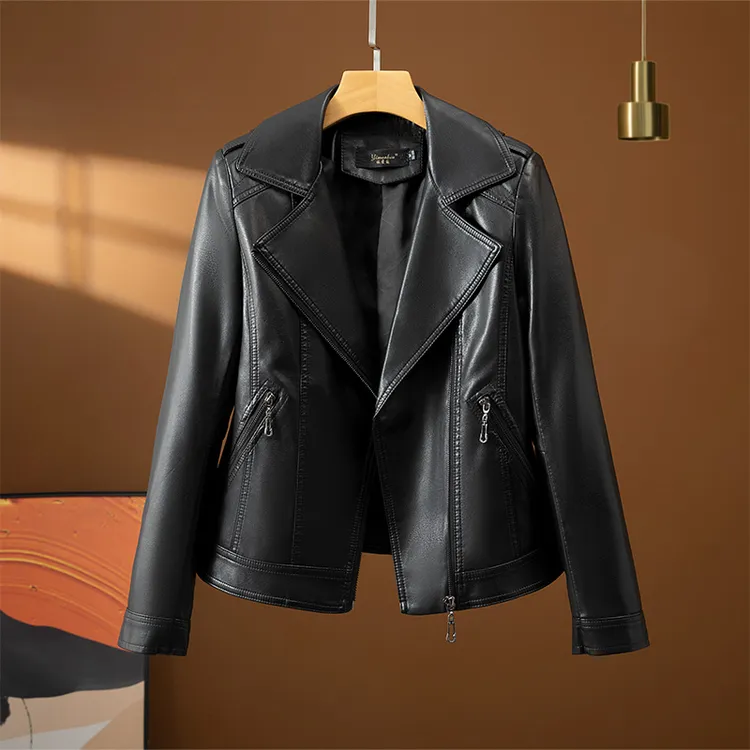 海宁真皮绵羊皮机车服修身韩版百搭皮夹克外套皮衣女大码