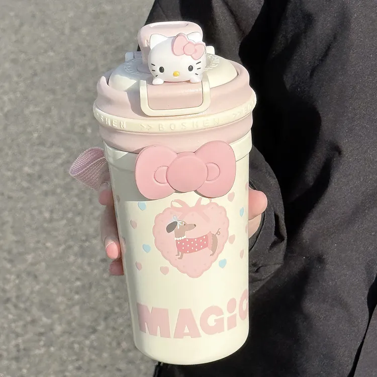 kitty吸管杯不锈钢保温保冰水杯带茶隔可爱少女杯子高颜值咖啡杯