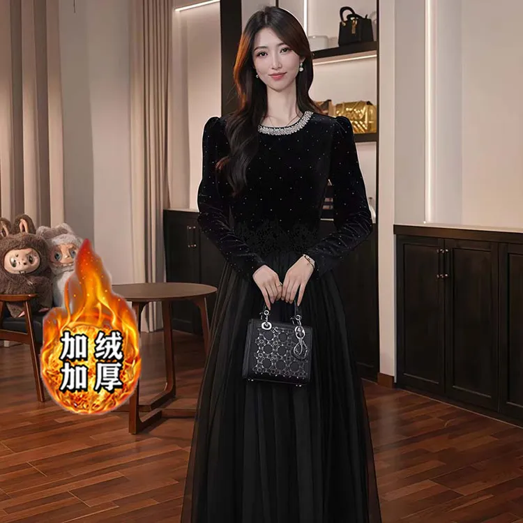 【V专属】【加绒】【有里布】中长款时尚感黑色新款高腰网纱裙LJ0130