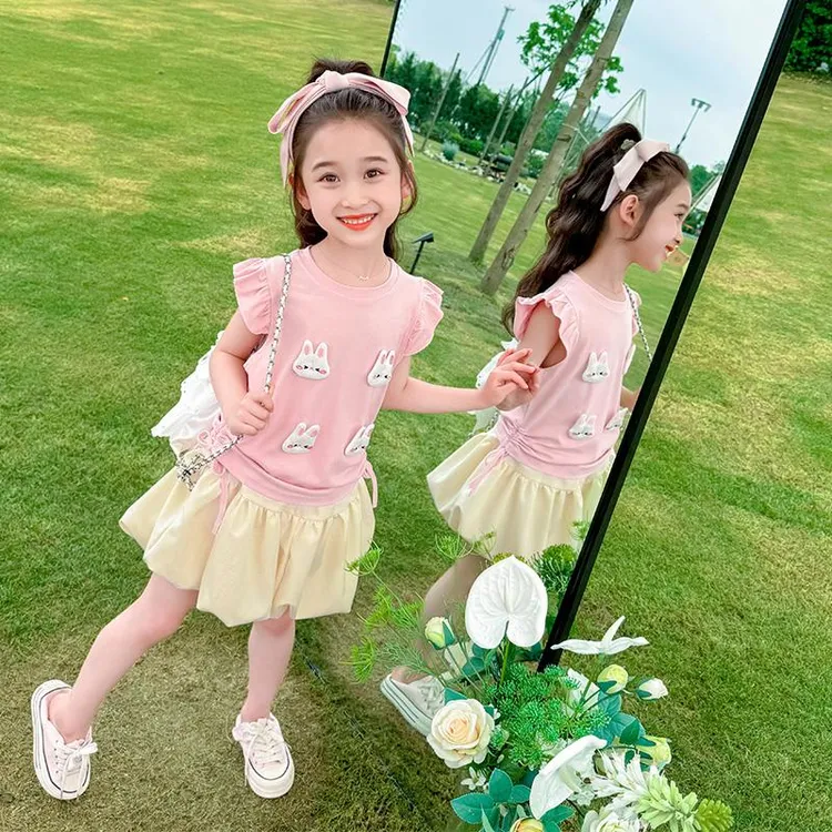 FAVMARTHA女童花苞裙套装夏季2025新款洋气时髦女宝宝夏装儿童小